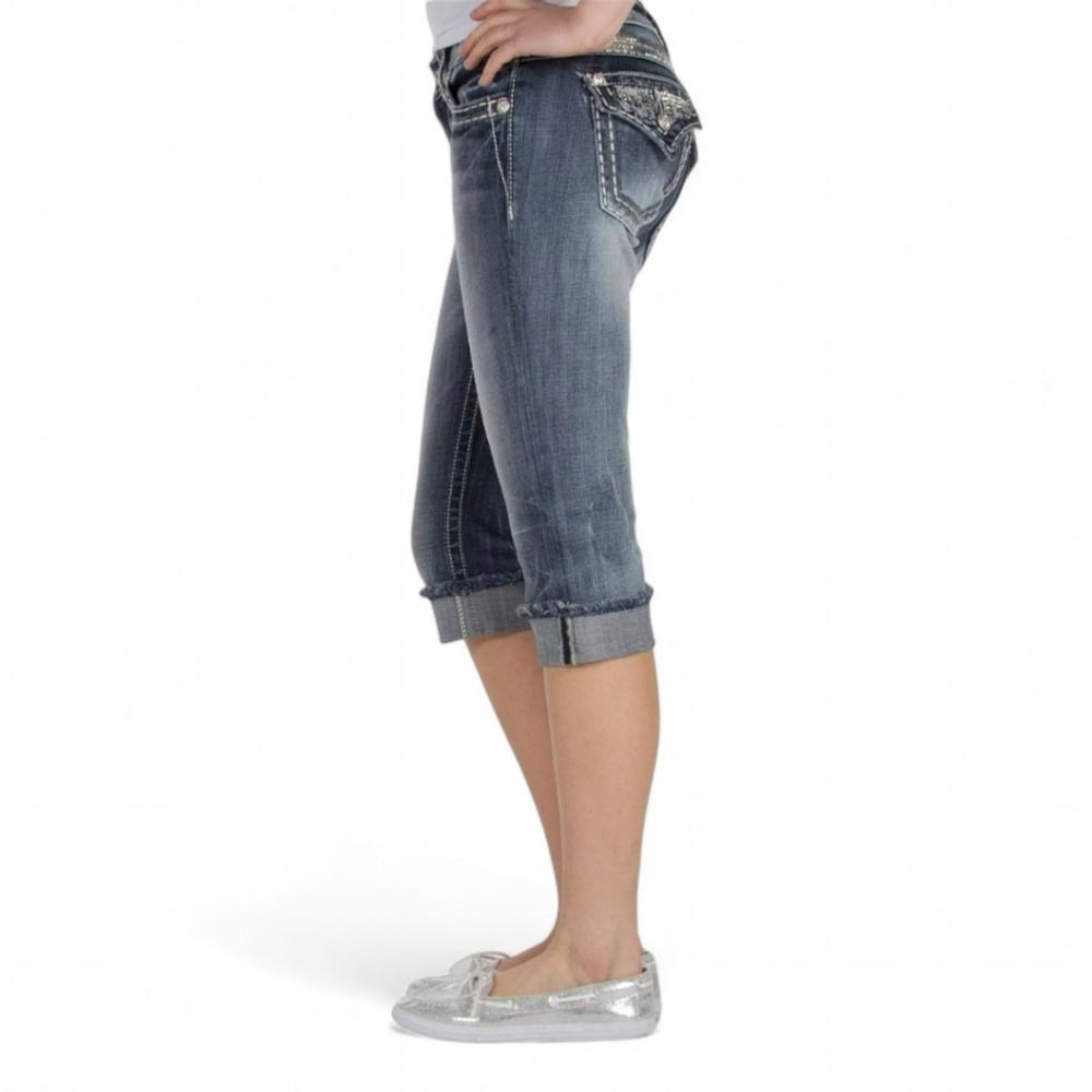 Miss Me Cuffed Easy Mid-Rise Cropped Capri Rhinestone Jeans 28 Distressed Denim